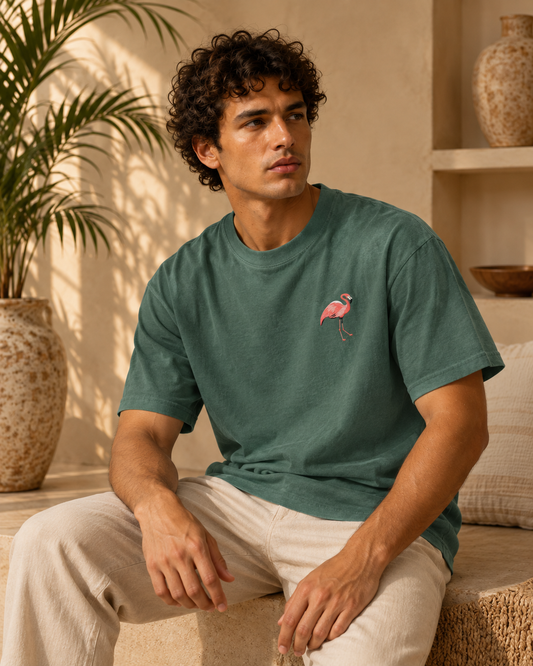 Pedernales Flamingo heavyweight T-shirt in Blue Spruce, editorial lifestyle image