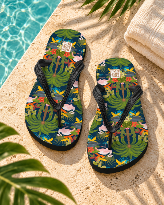 Pedernales flip-flops with Dominican tropical artwork beside a Caribbean resort pool