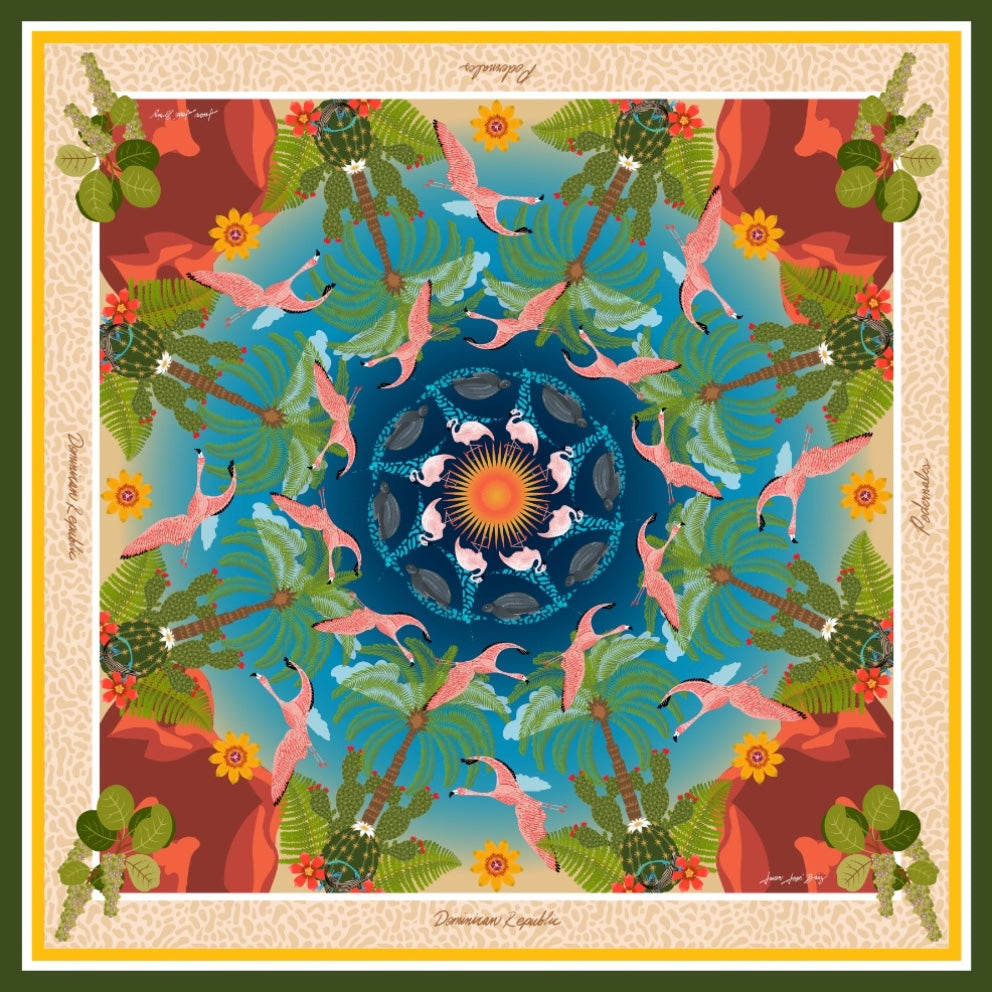 Sur Eterno scarf laid flat showing the full kaleidoscopic design