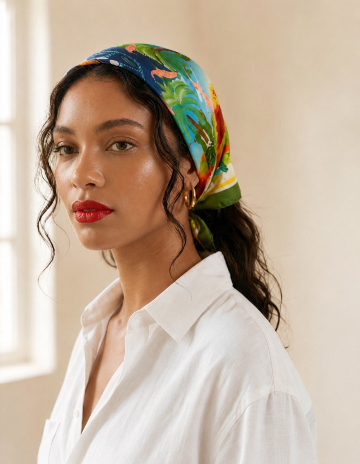 Sur Eterno silk scarf worn as a headscarf